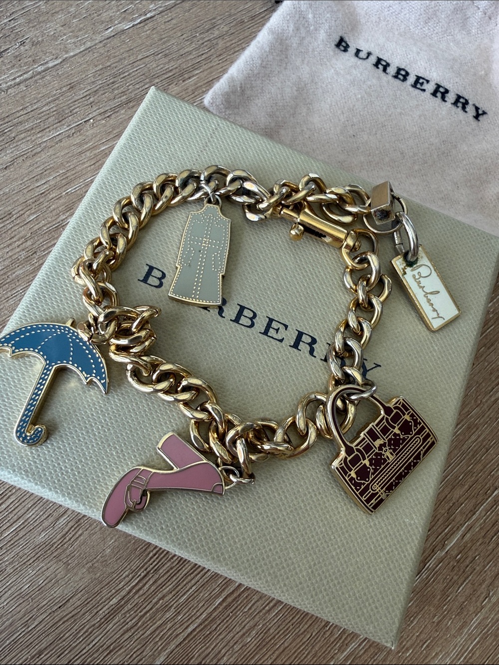 Burberry Gold-Tone Charm Bracelet with Blue, Pink, Cream & Brown Enamel Charms